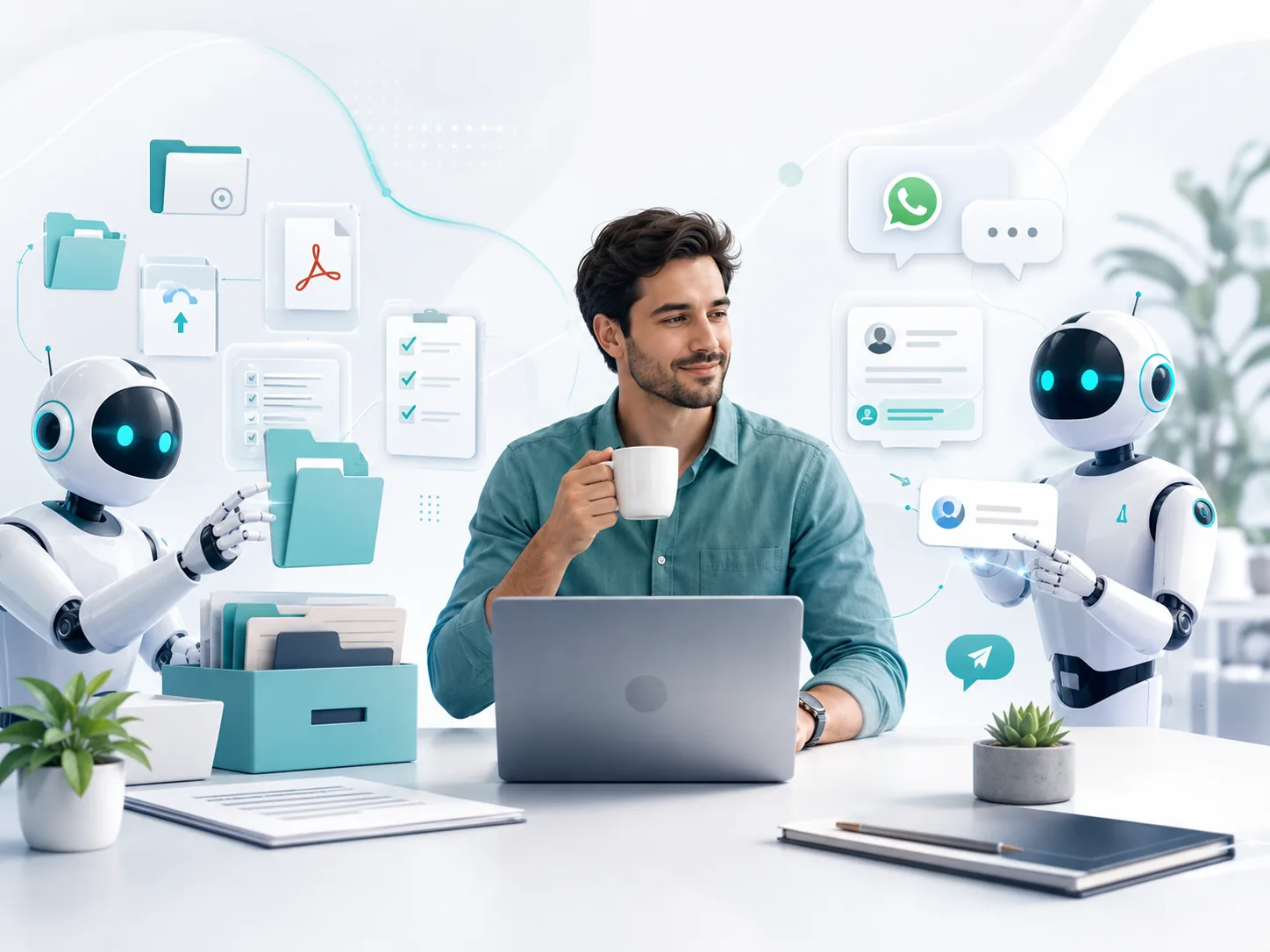 Ilustración: una persona trabajando con un café mientras asistentes automáticos ordenan sus documentos